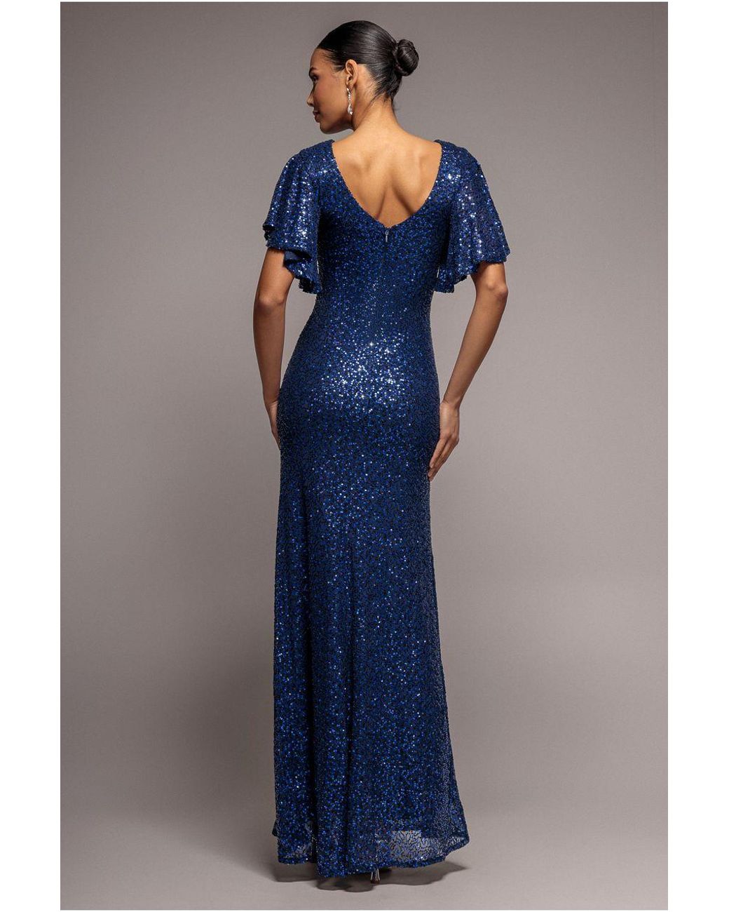 Goddiva Blue Sequin Flutter Sleeve Maxi