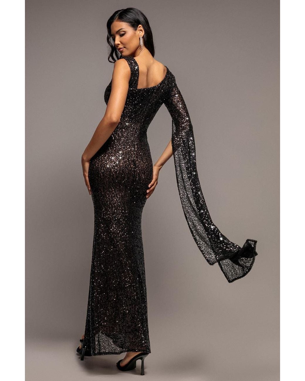 Goddiva Brown One Side Cape Sleeve Sequin Maxi Dress