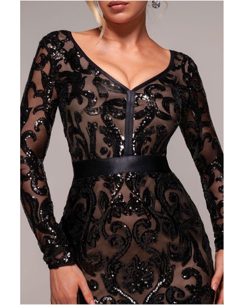 Goddiva Black Sequin & Mesh Midi Dress