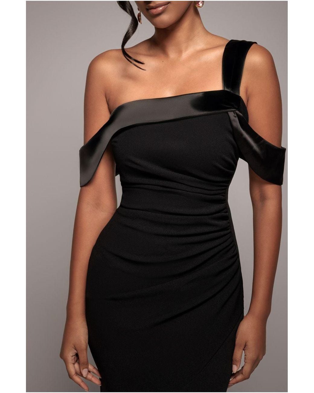 Goddiva Black One Shoulder Satin Band Maxi Dress