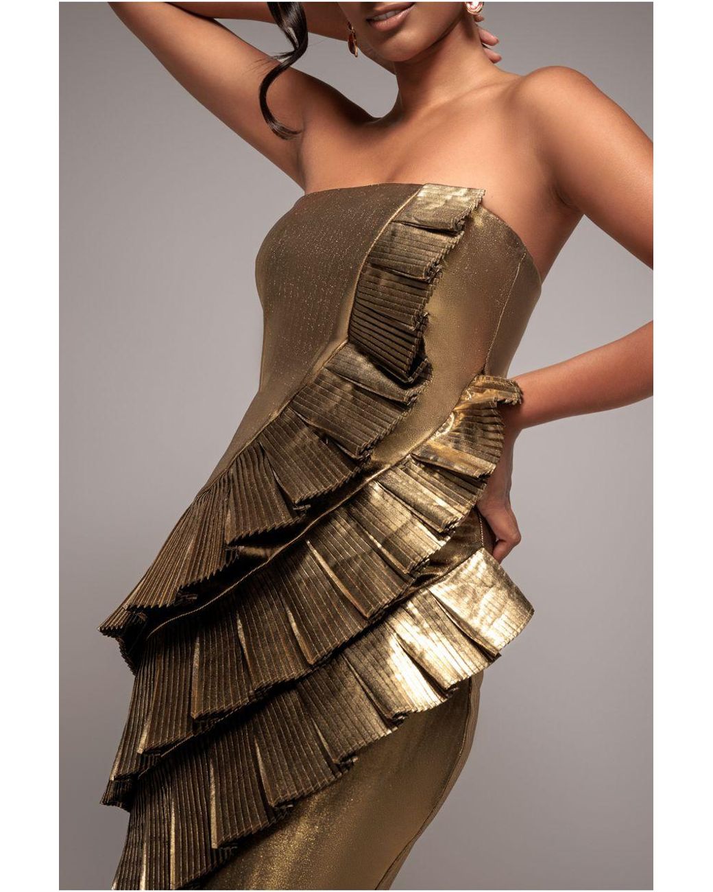 Goddiva Metallic Fan Pleated Boobtube Scuba Crepe Mini