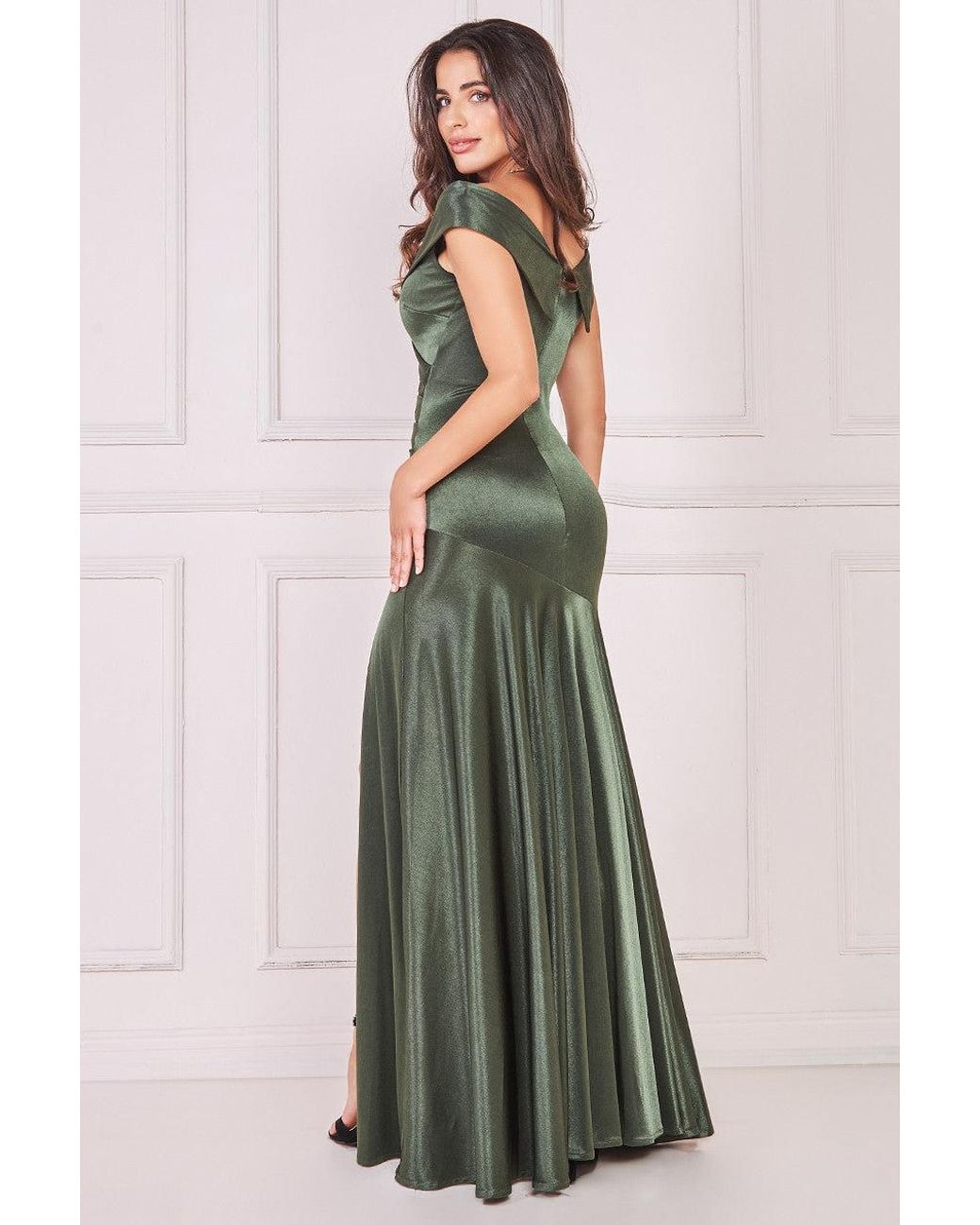 Goddiva Green Satin Off Shoulder Pleated Maxi Dress