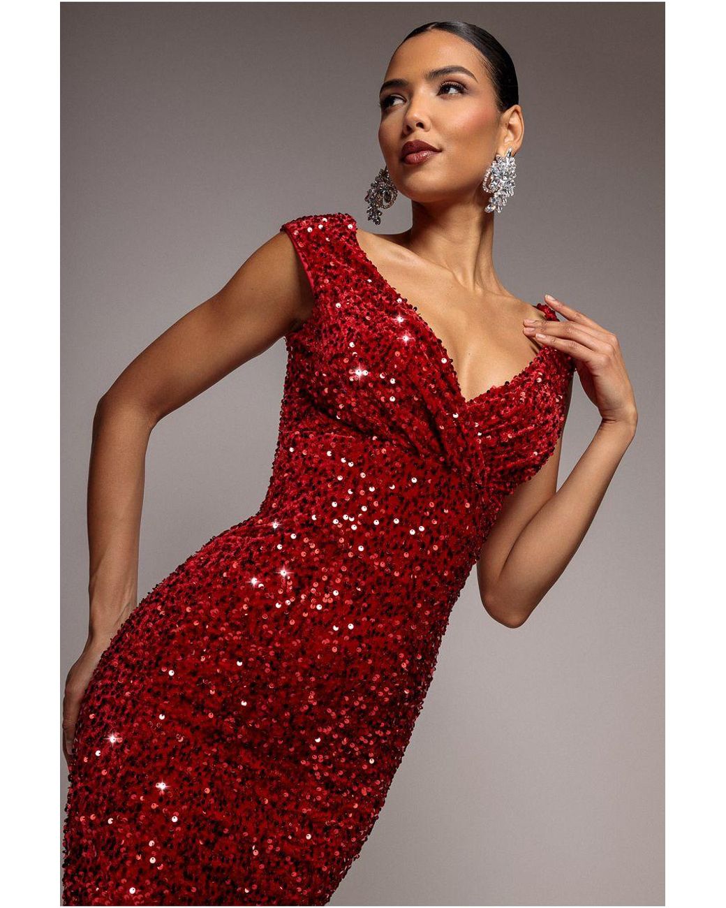 Goddiva Red Multi Sequin & Velvet Bardot Midi Dress