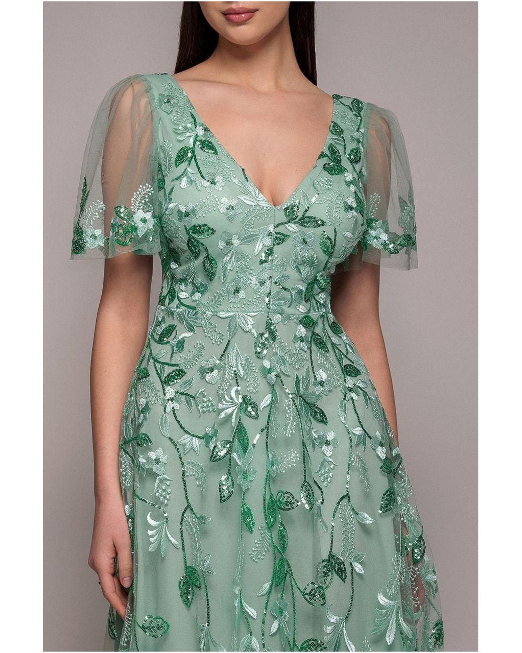 Goddiva Green Flared Sleeve Embroidered Maxi Dress