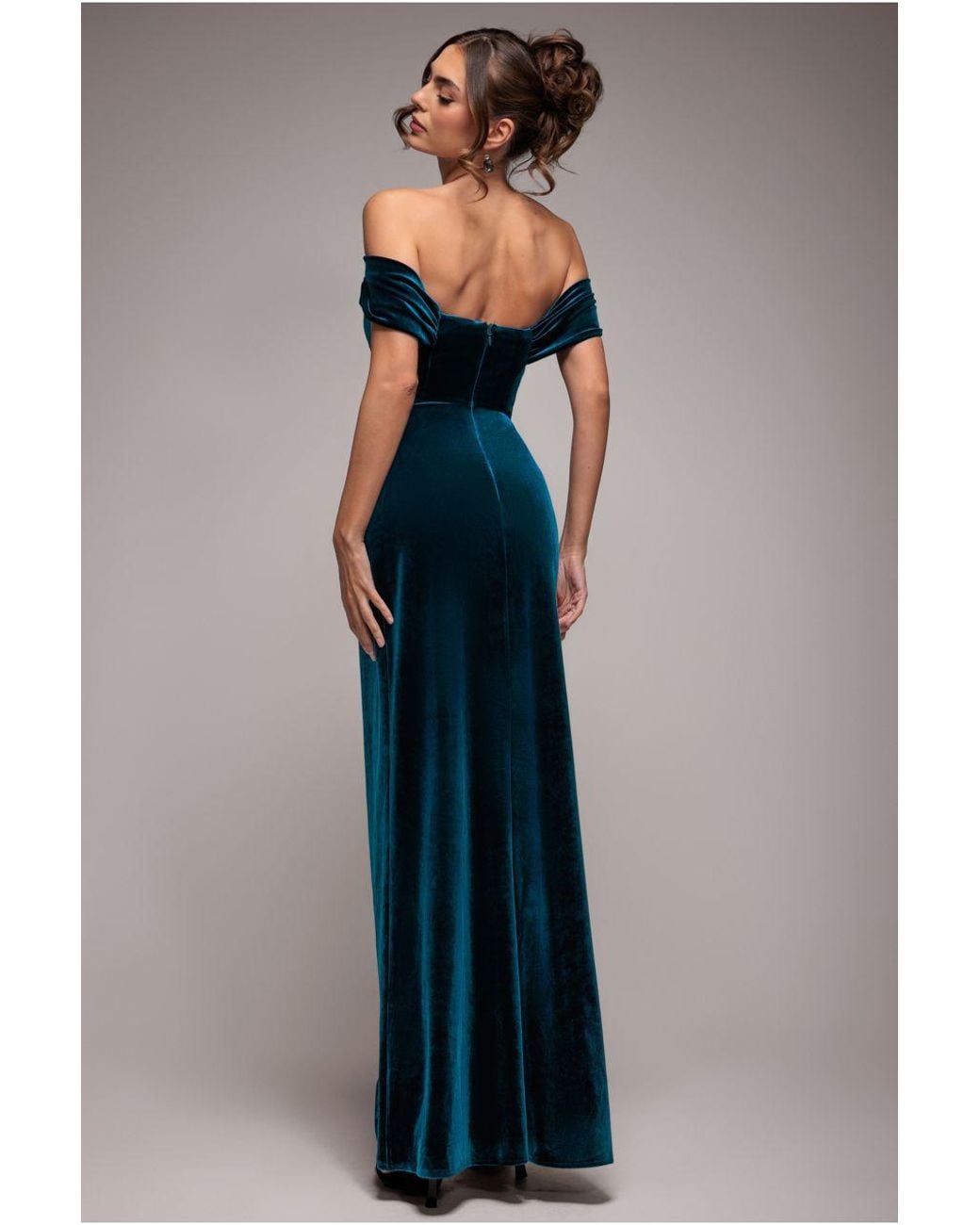 Goddiva Blue Draped Shoulder Velvet Corset Maxi