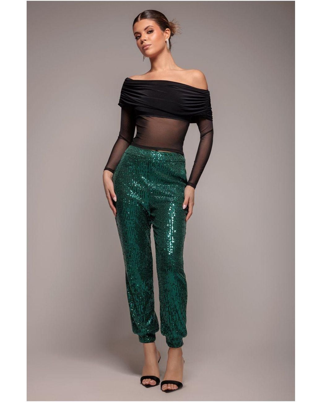 Goddiva Green Sequin Cuffed Ankle Trouser