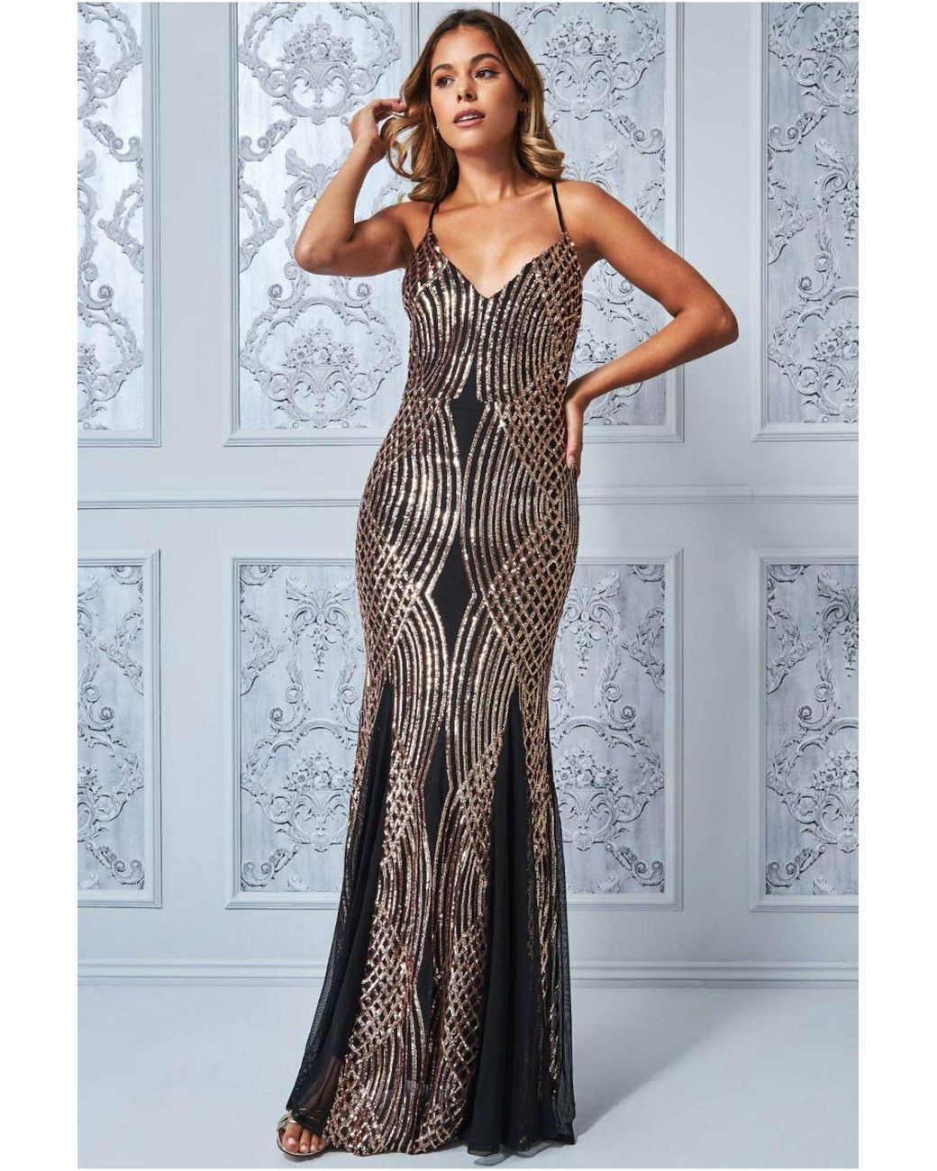 geometric embellished sequin bodice maxi dress