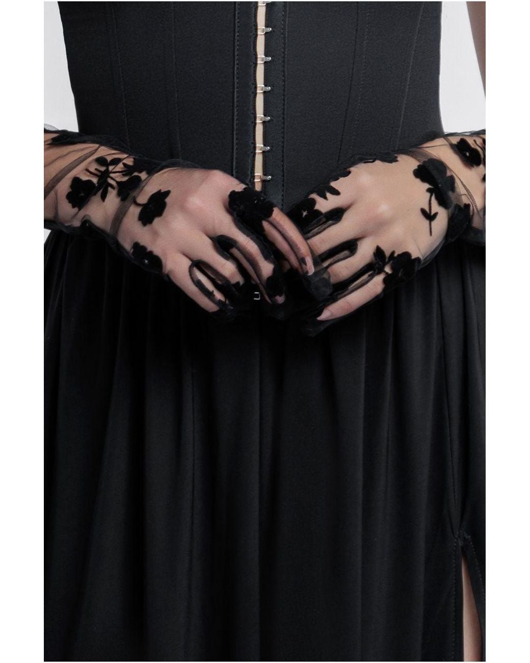 Goddiva Black Embroidered Stretch Mesh Gloves