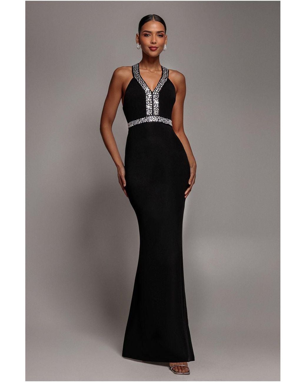 Goddiva Black Diamante Cross Back Maxi Dress