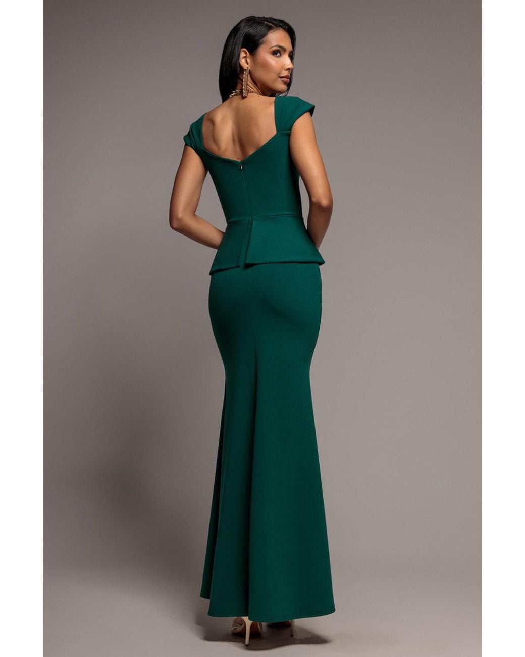 Goddiva Green Cap Sleeve Sweetheart Peplum Scuba Maxi Dress