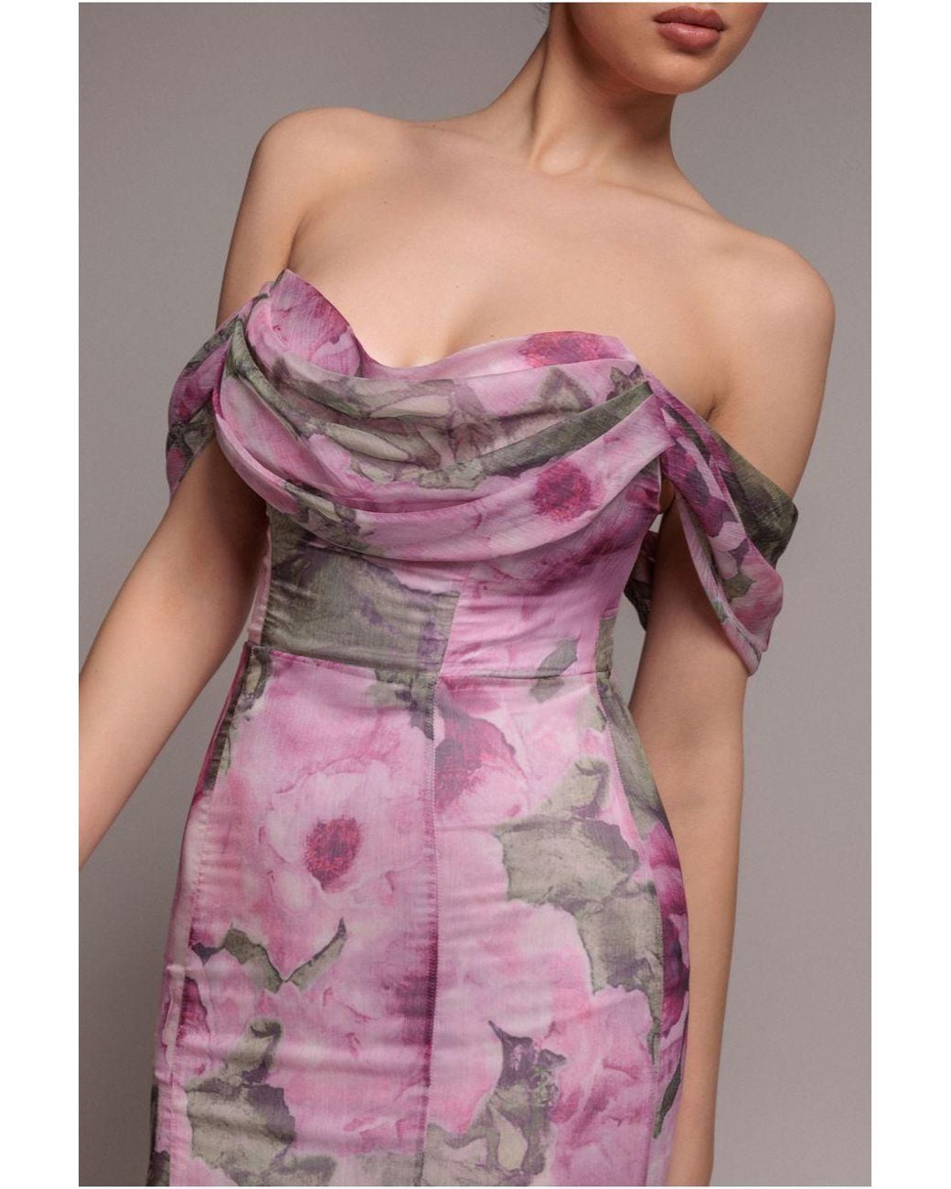 Goddiva Pink Cowl Neck Floral Print Jacquard Chiffon Maxi Dress