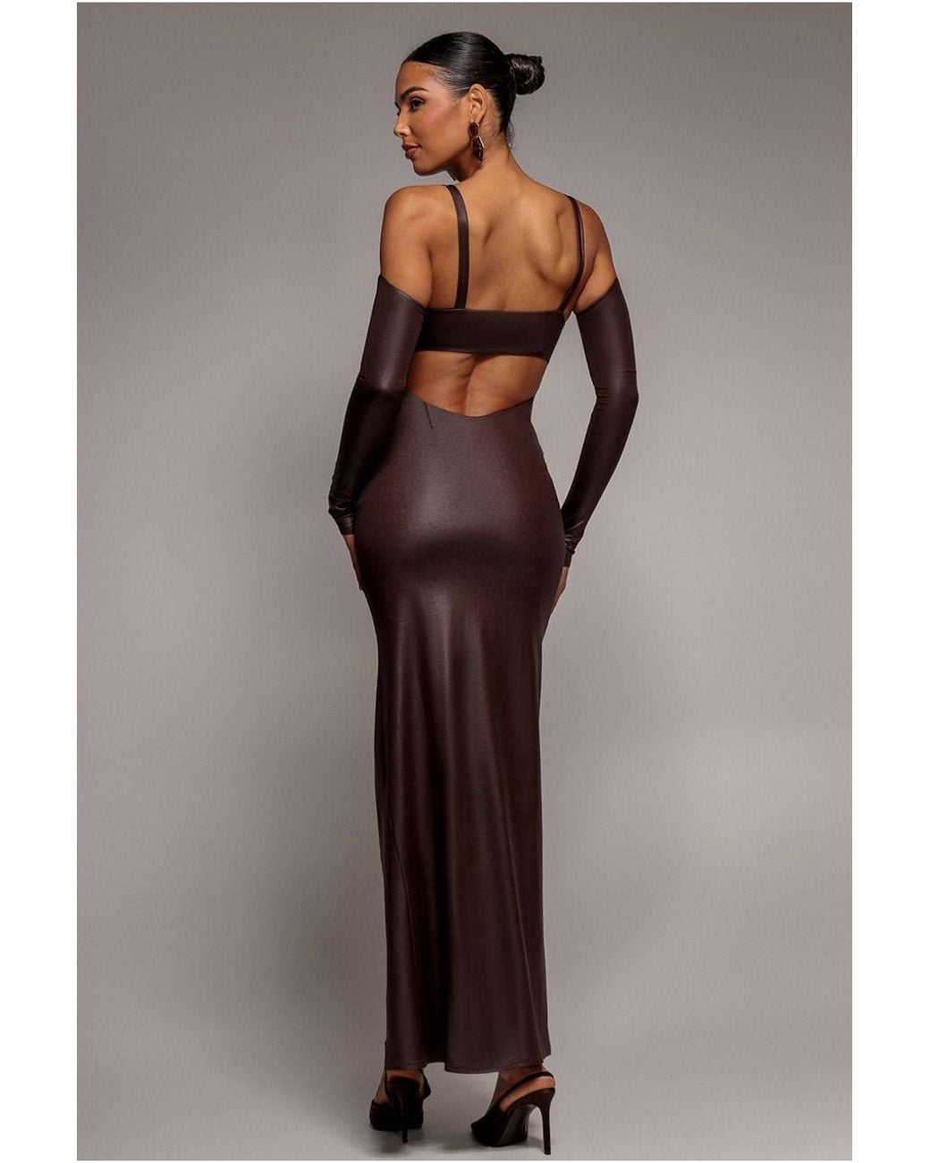 Goddiva Brown Faux Leather Cut Out Maxi Dress