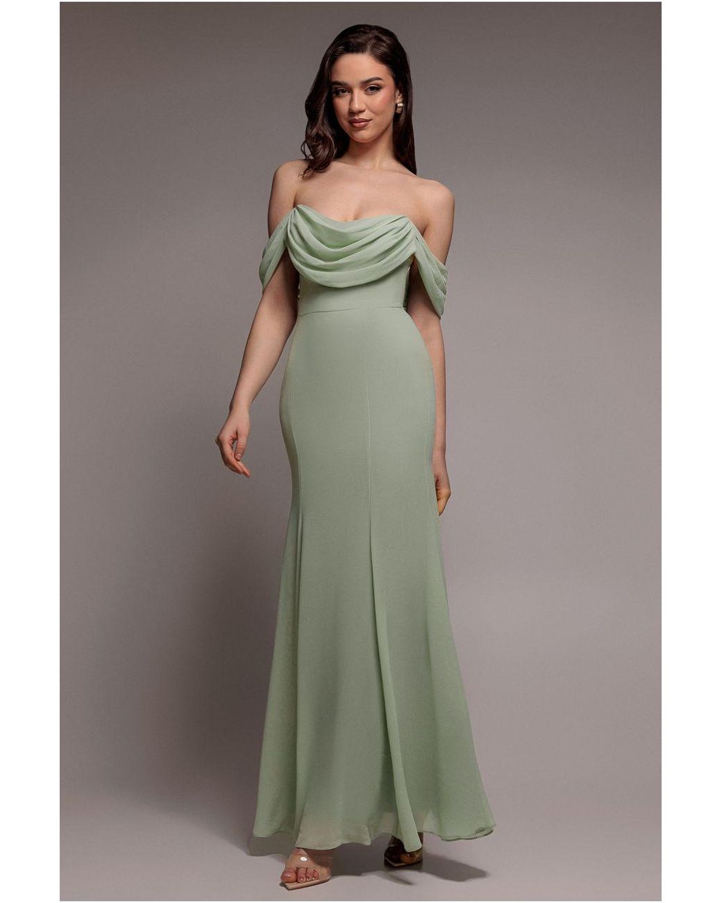 Goddiva Green Chiffon Bardot Cowl Neck Maxi Dress