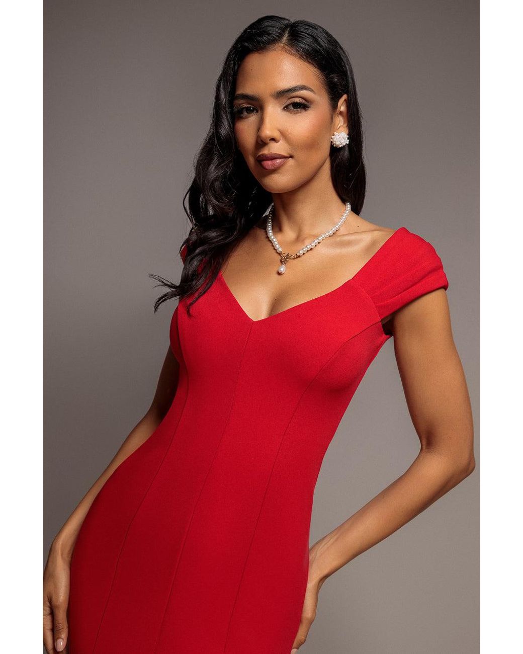 Goddiva Red Capped Sleeve V Neck Pleated Fit & Flare Maxi Dress