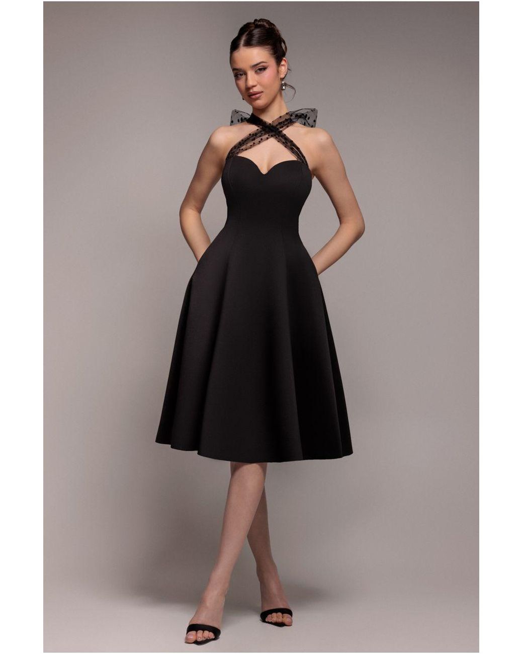 Goddiva Black Scuba & Polka Mesh Bella Bow Multiway A-Line Midi Dress