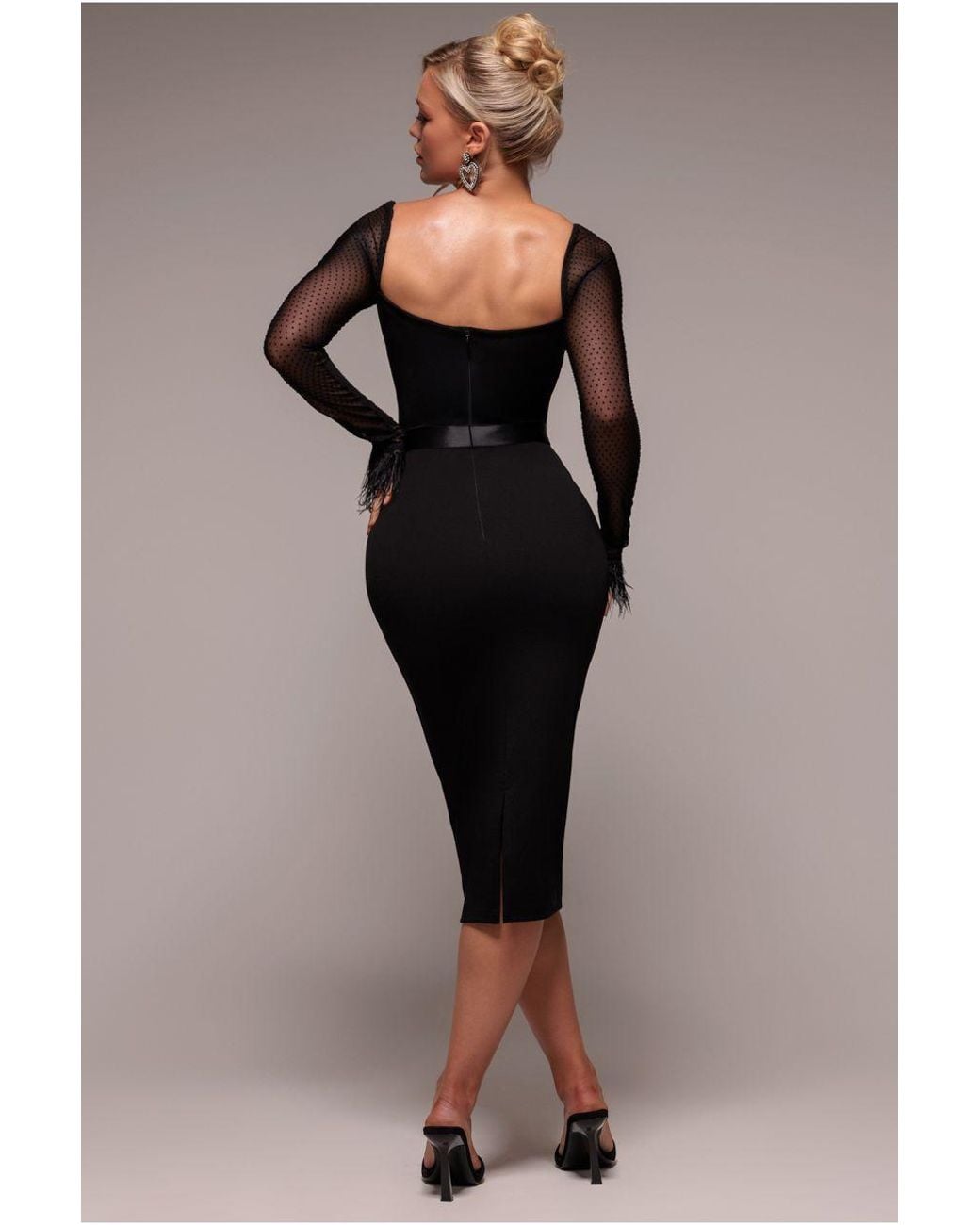 Goddiva Dobby Mesh Feather Sleeve Bodycon Midi Dress in Black | Lyst