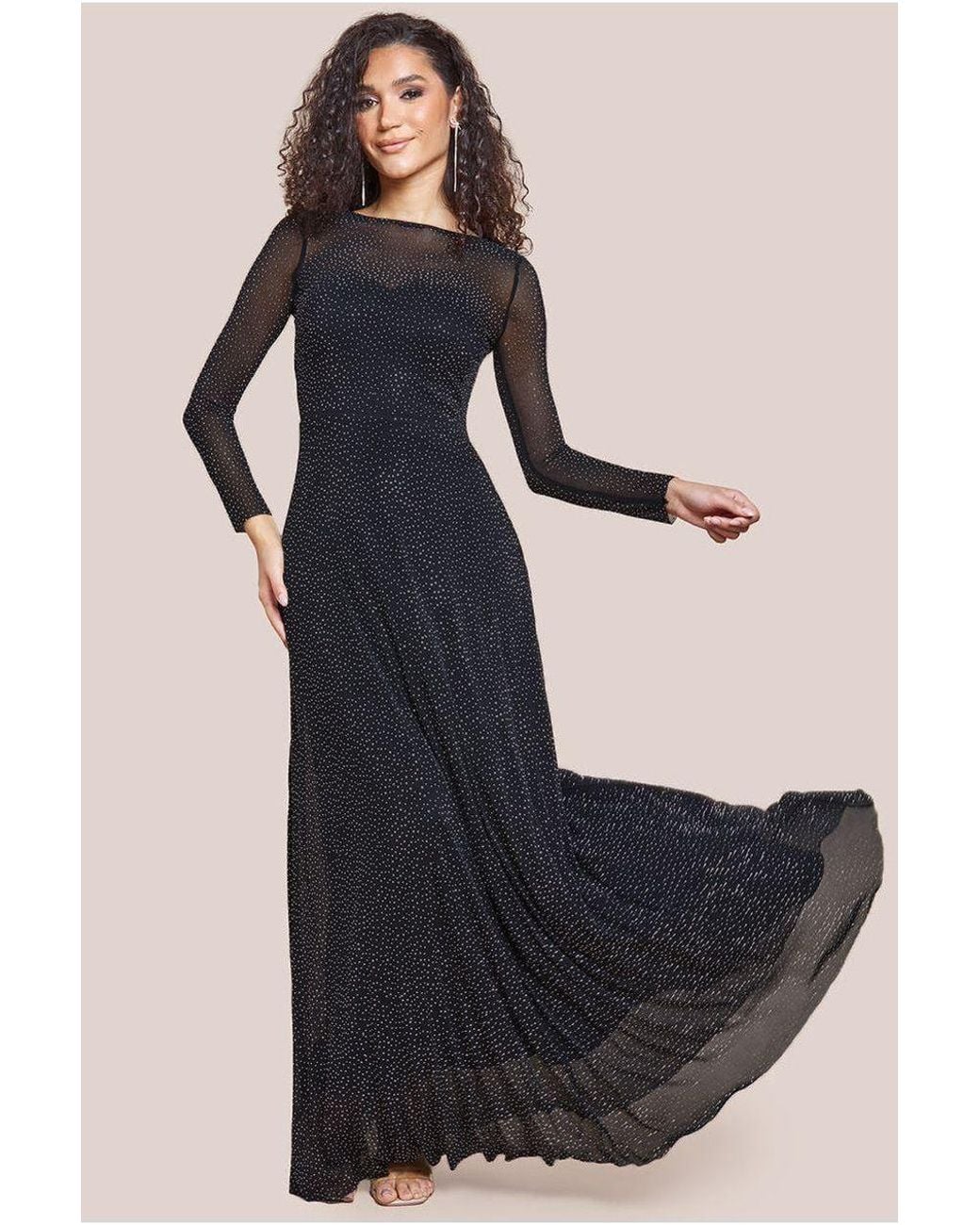 Goddiva Gray Hotfix Diamante Mesh A-Line Long Sleeve Maxi Dress