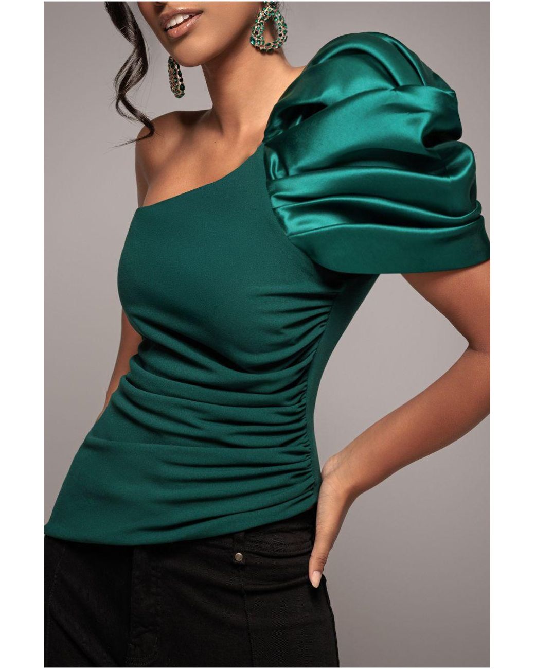 Goddiva Green One Shoulder Puffed Satin Sleeve Asymmetric Scuba Top