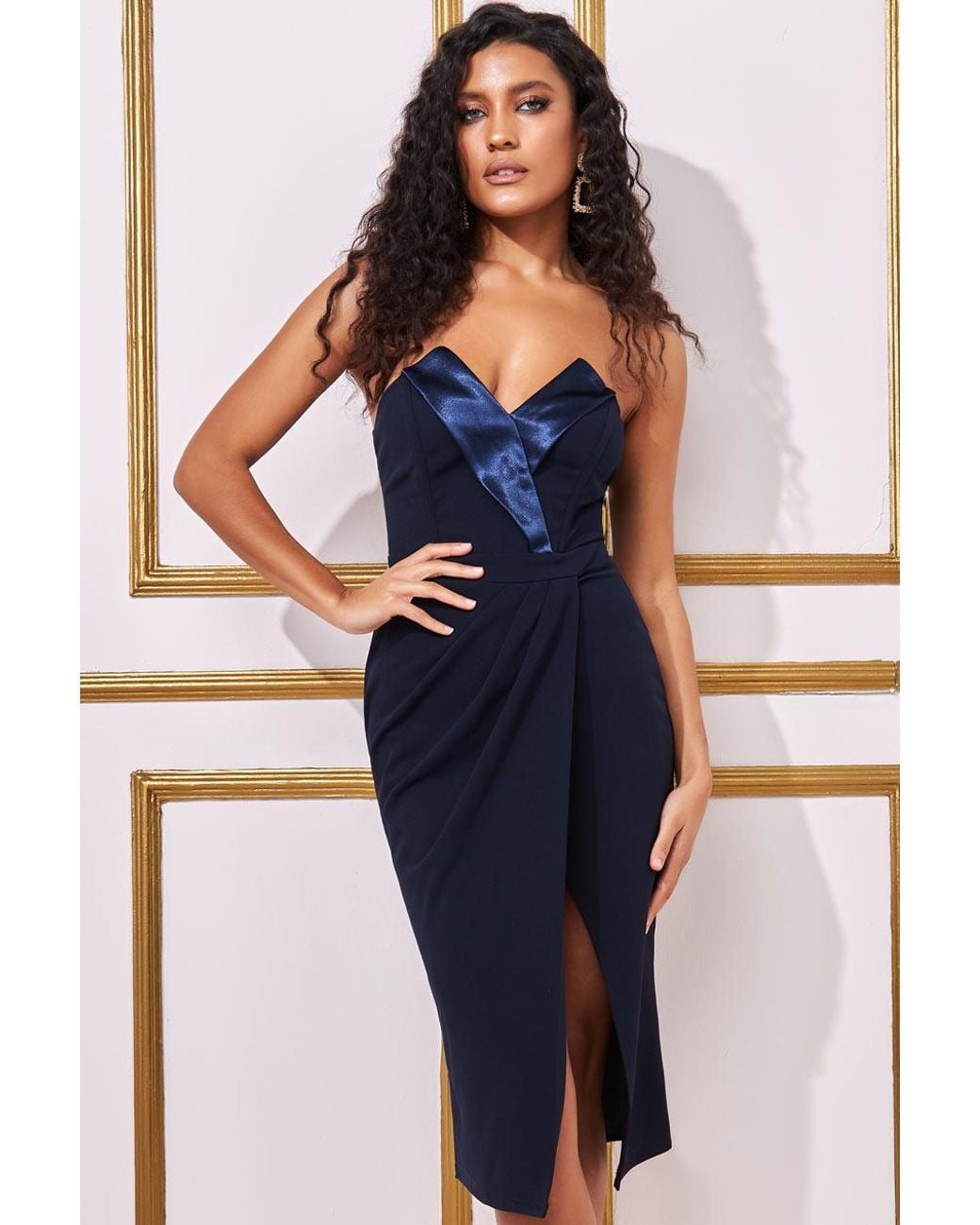 Goddiva Blue Satin Collar Scuba Midi Dress
