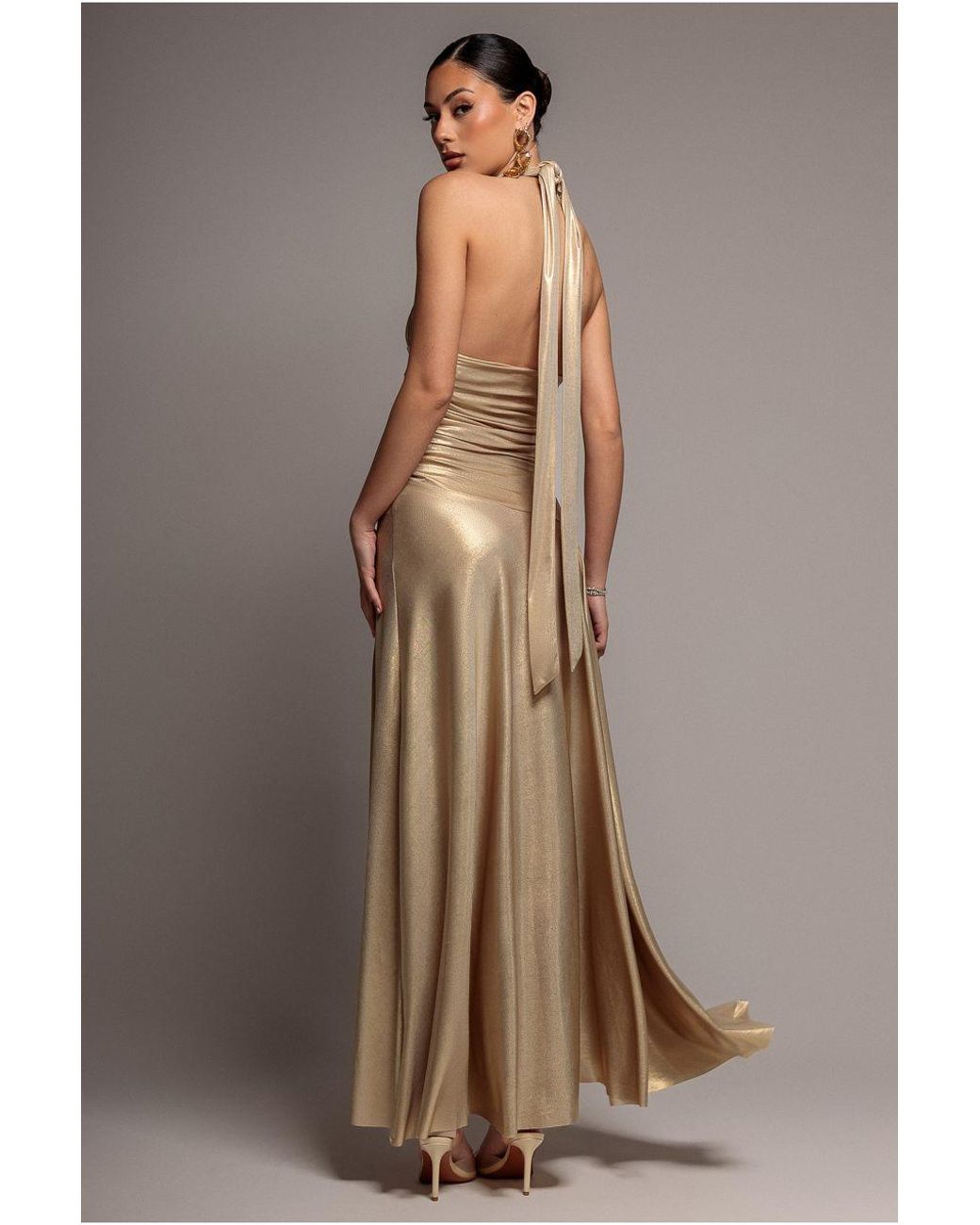 Goddiva Brown Halterneck Empire Waist Gathered Sunrise Foil Maxi Dress