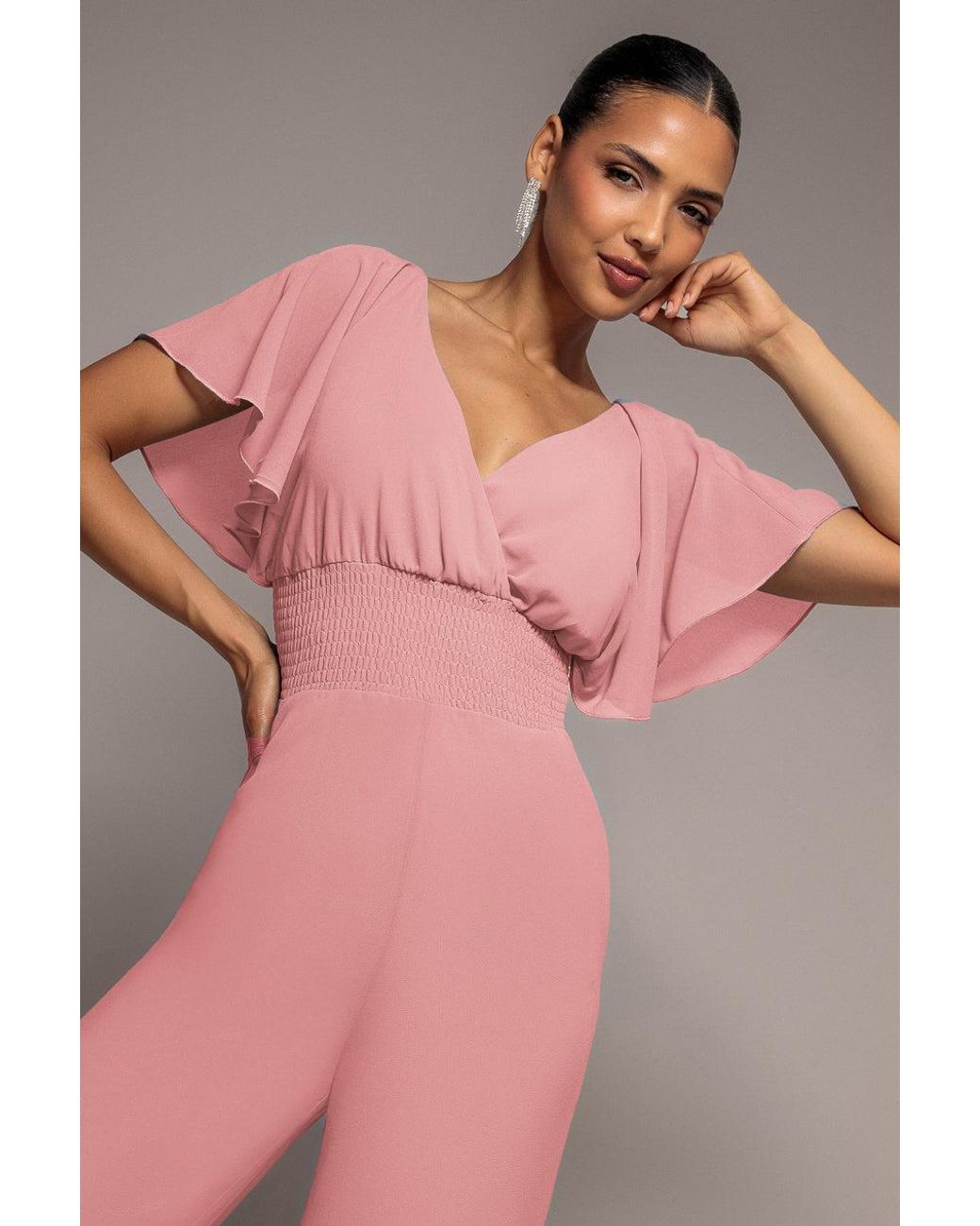 Goddiva Pink Chiffon Jumpsuit With Flutter Sleeves