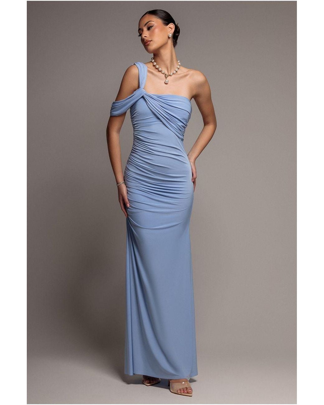 Goddiva Blue One Shoulder Asymmetric Twist Maxi Dress