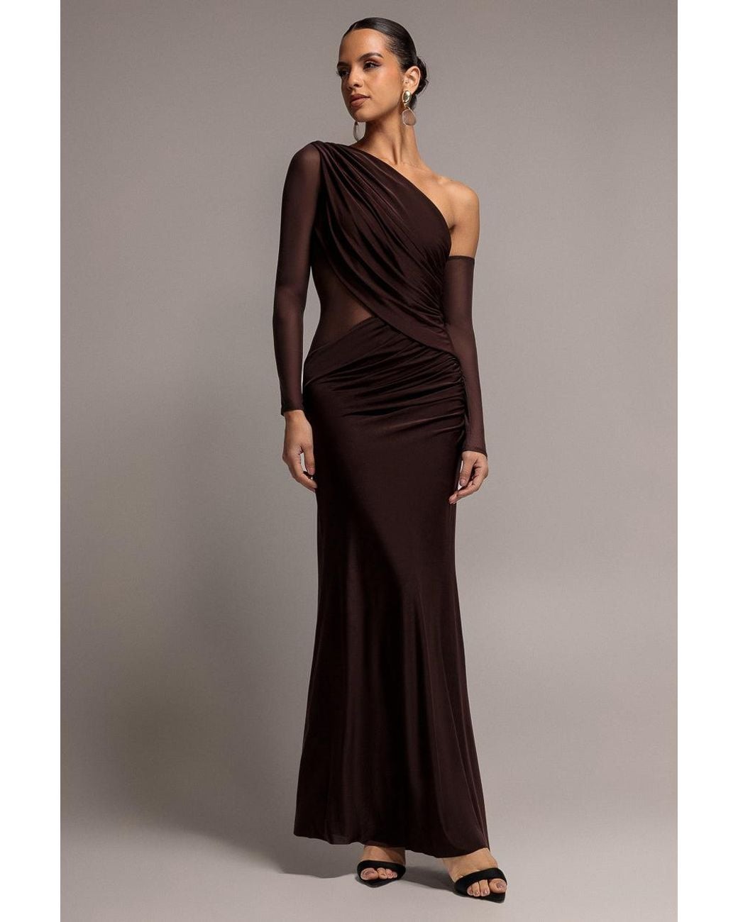 Goddiva Brown Gathered Cowl Asymmetric Mesh And Soft Touch Maxi Dress