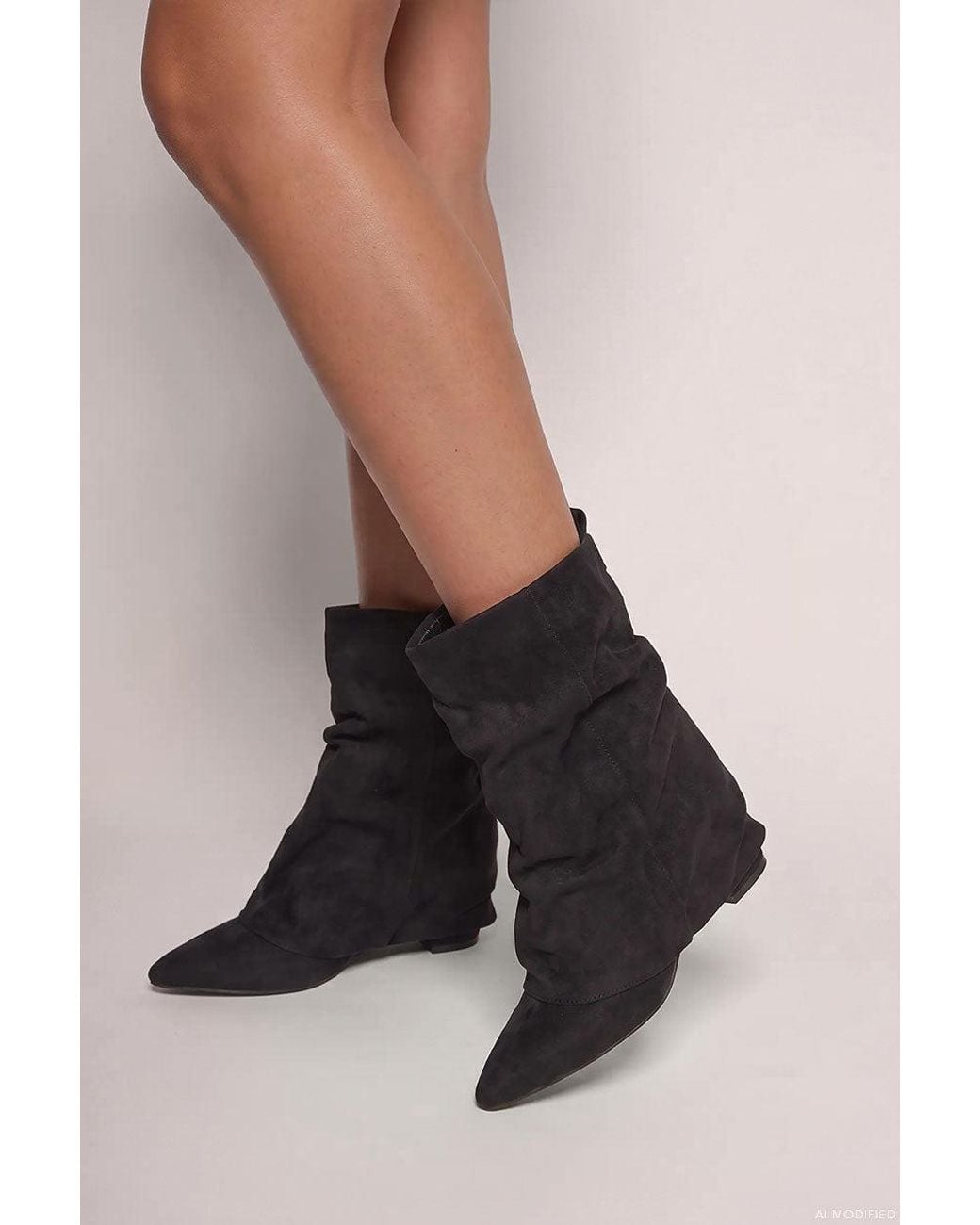 Goddiva Black Mid Calf Slouchy Low Block Heel Boots
