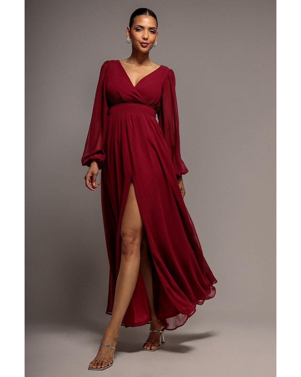Goddiva Red Wrap Back With Front Slit Chiffon Maxi Dress