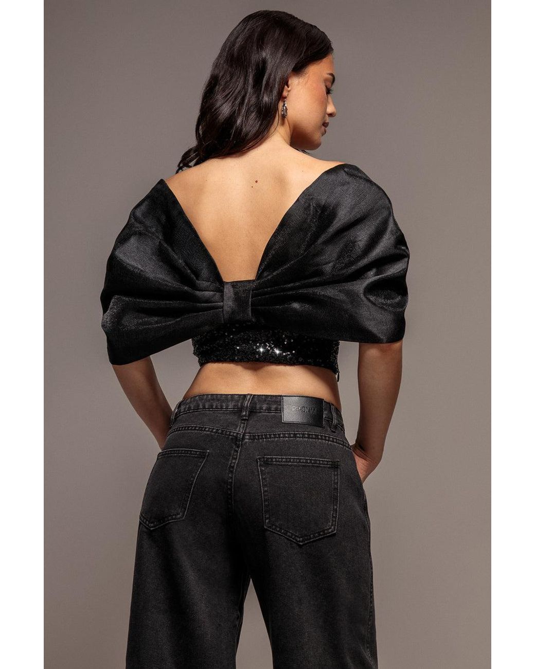 Goddiva Black Off Shoulder Corset Top With Back Satin Bow