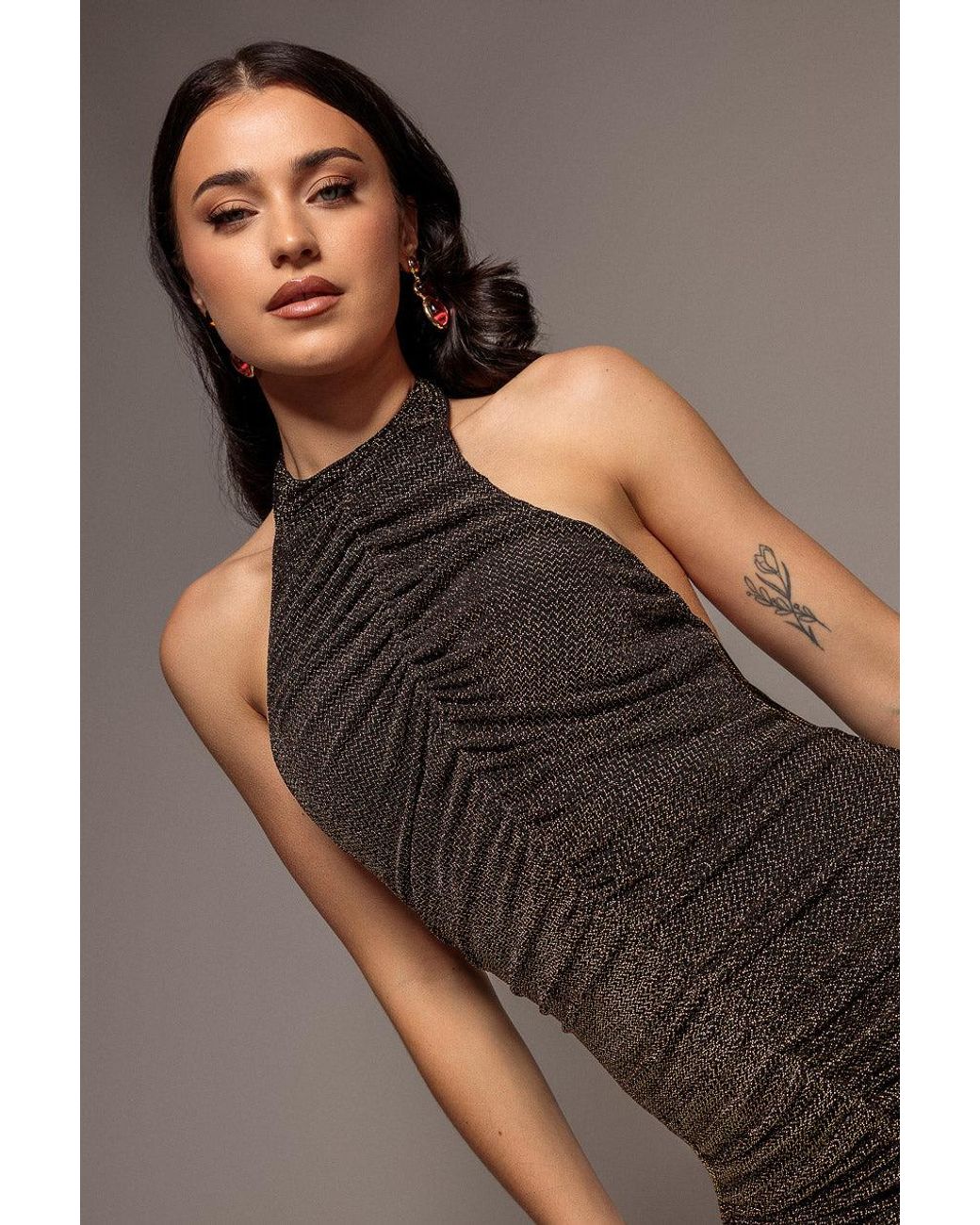 Goddiva Brown Halter Neck Front Gathered Backless Glitter Maxi Dress