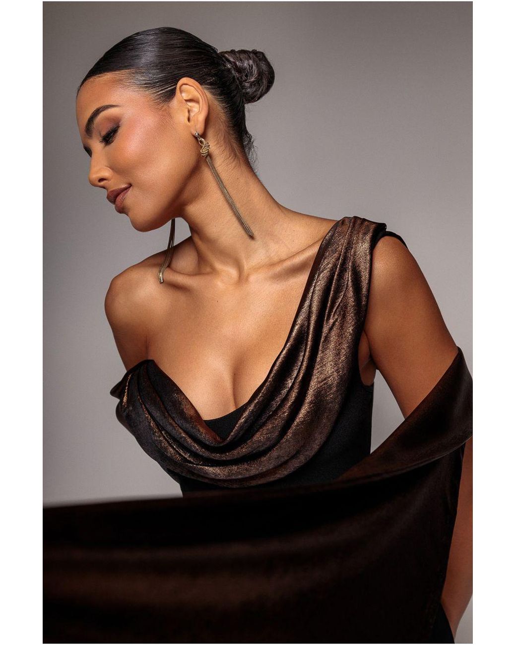 Goddiva Multicolor Foil Chiffon Cowl One Shoulder Cape Maxi Dress