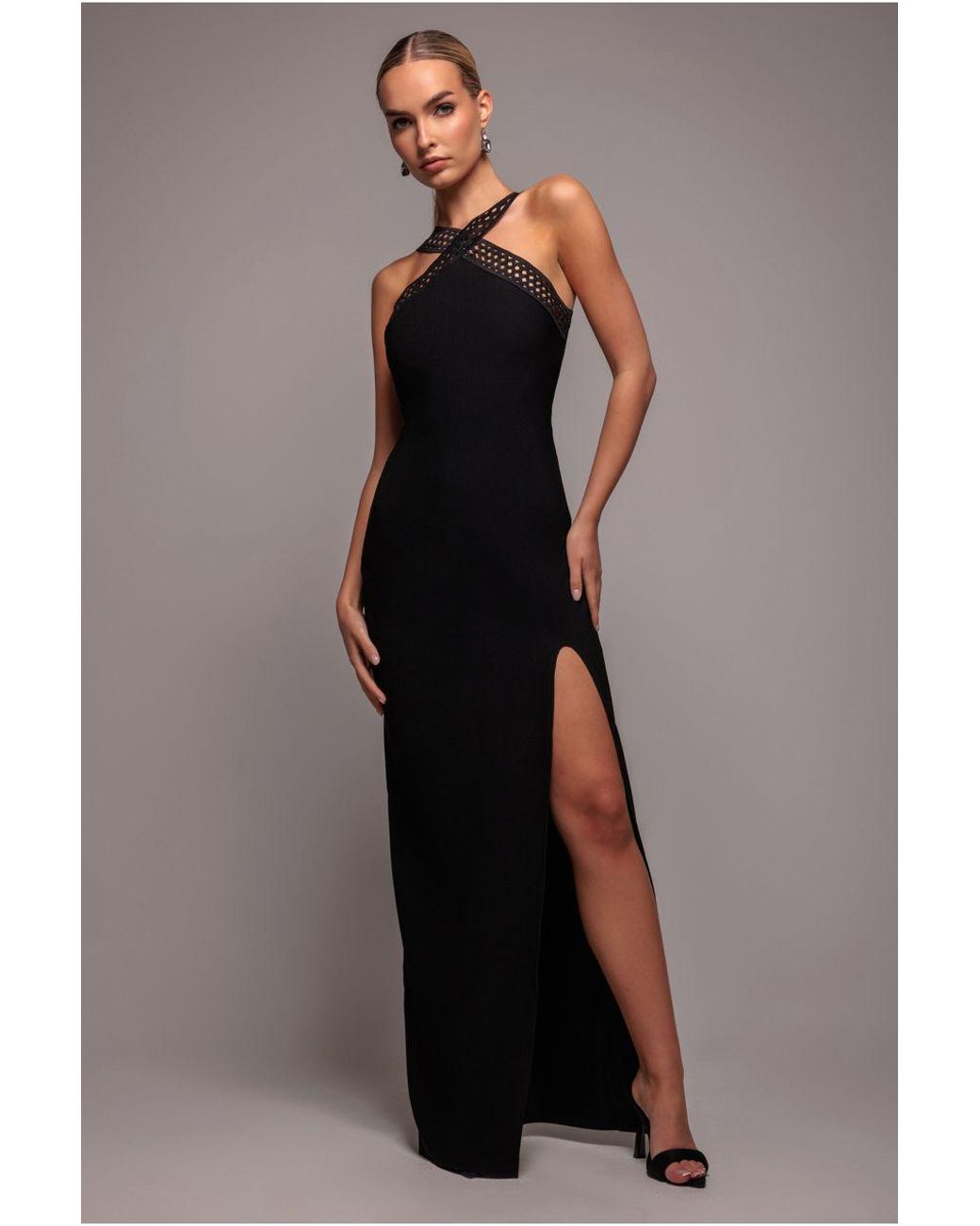 Goddiva Blue Ribbed Criss Cross Halter Neck Maxi Dress With Thigh Split