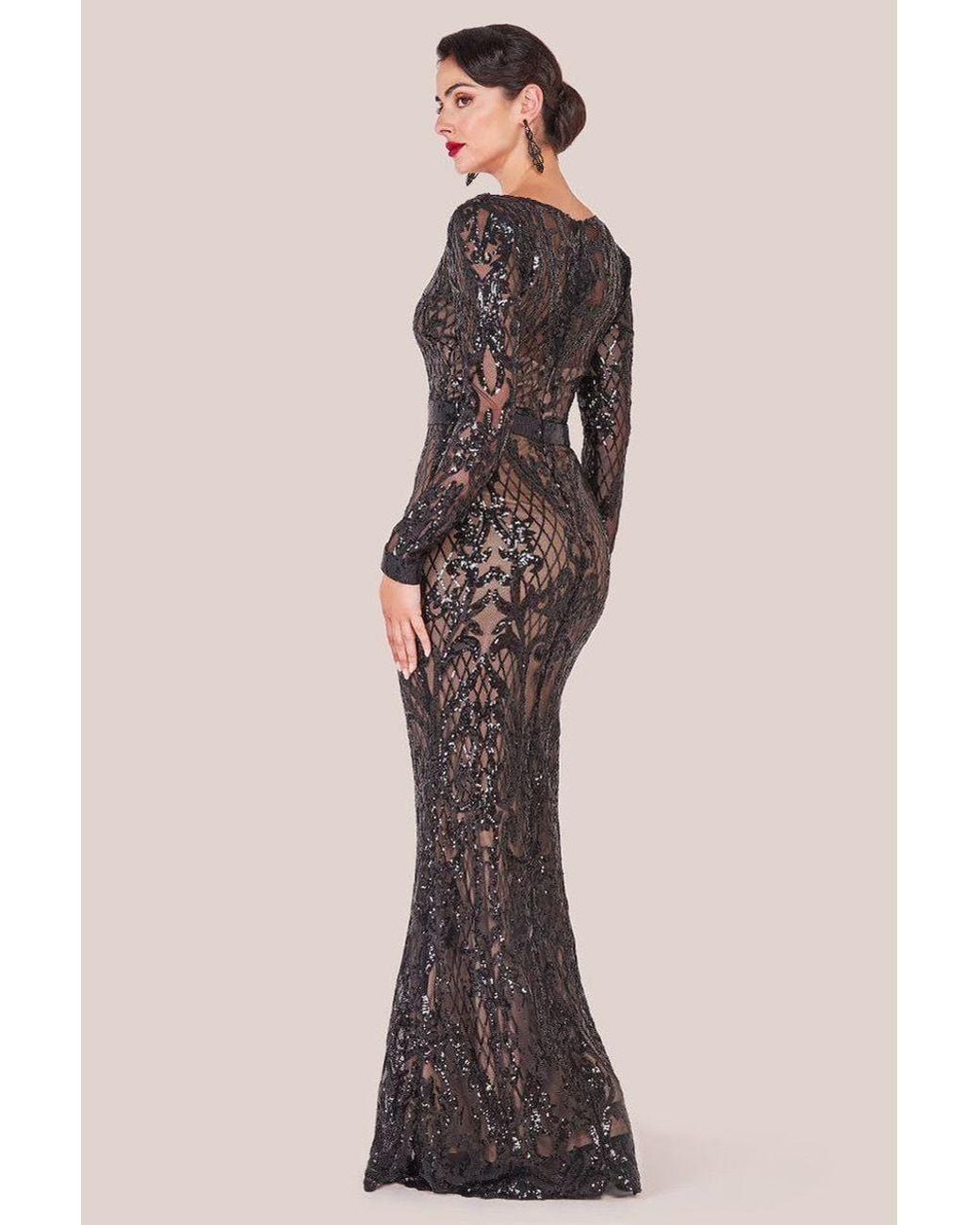 Goddiva Black Sequin Square Neck Maxi With Scallop Hem