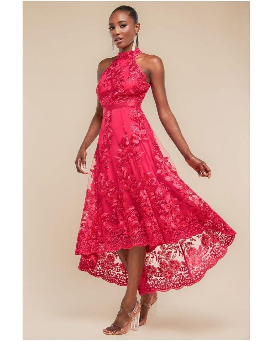 Goddiva Red Halter Neck Lace High And Low Dress
