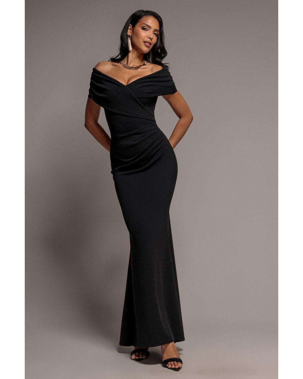 Goddiva Black Pleated Bardot Wrap Mermaid Maxi Dress
