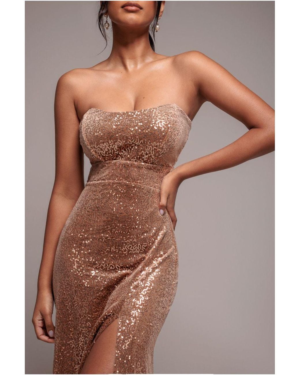 Goddiva Natural Sequin Velvet Bandeau Maxi Dress