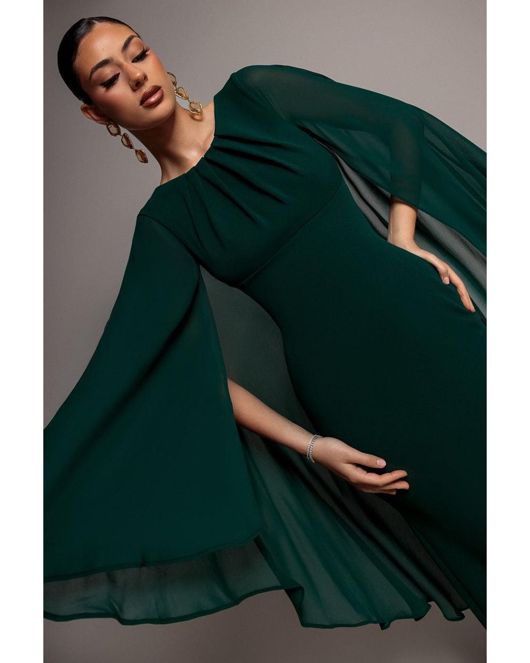 Goddiva Green Cape Sleeve Chiffon And Scuba Crepe Maxi Dress