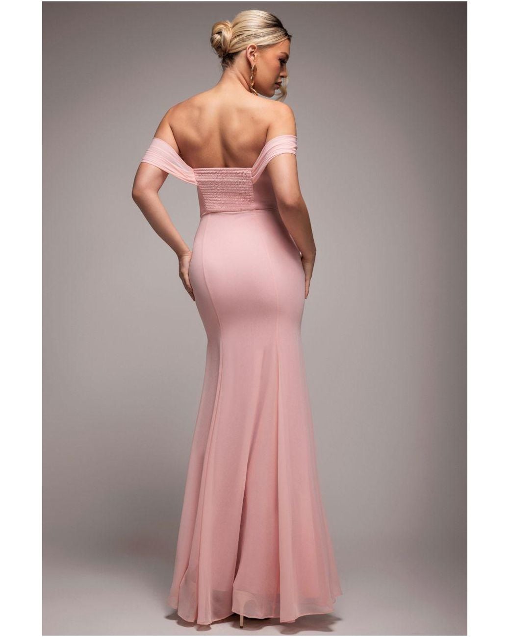 Goddiva Pink Chiffon Bardot Cowl Neck Maxi Dress