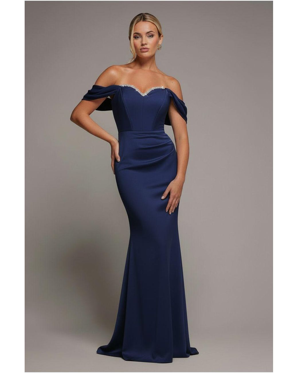 Goddiva Blue Off The Shoulder Draped Sleeve Maxi Dress With Diamante Neckline