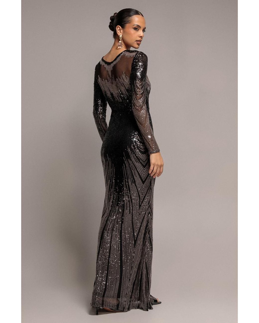Goddiva Black Long Sleeve Aztec Sequin Maxi Dress