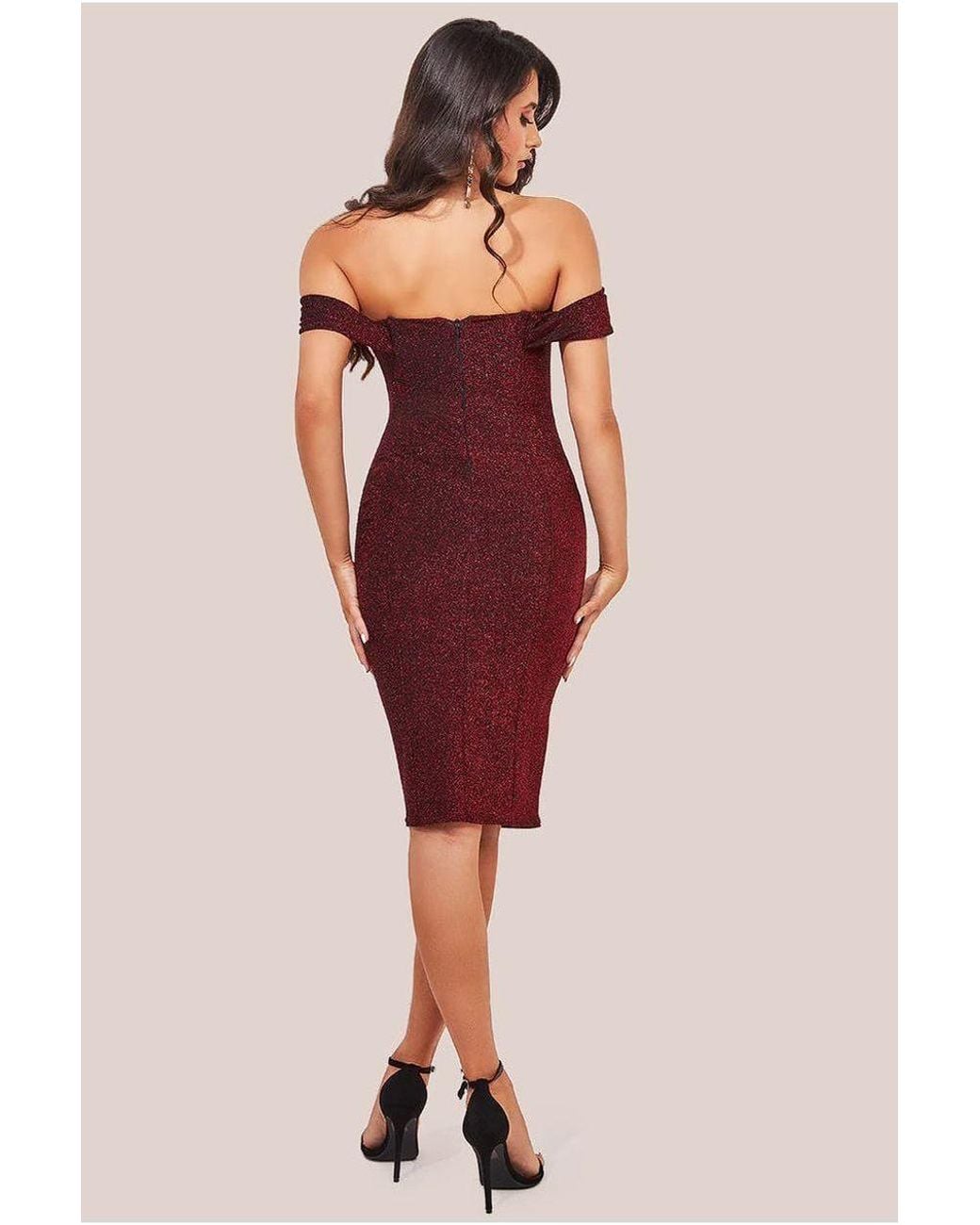Goddiva Red Lurex Cowl Neck Off The Shoulder Midi
