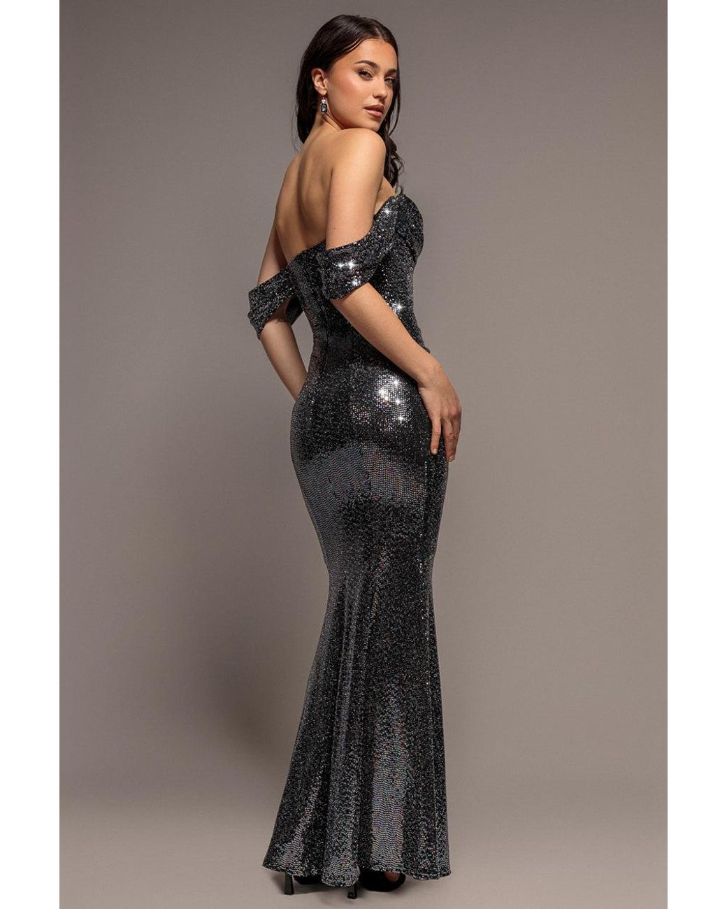 Goddiva Gray Sequin Lurex Off Shoulder Cowl Bardot Maxi Dress