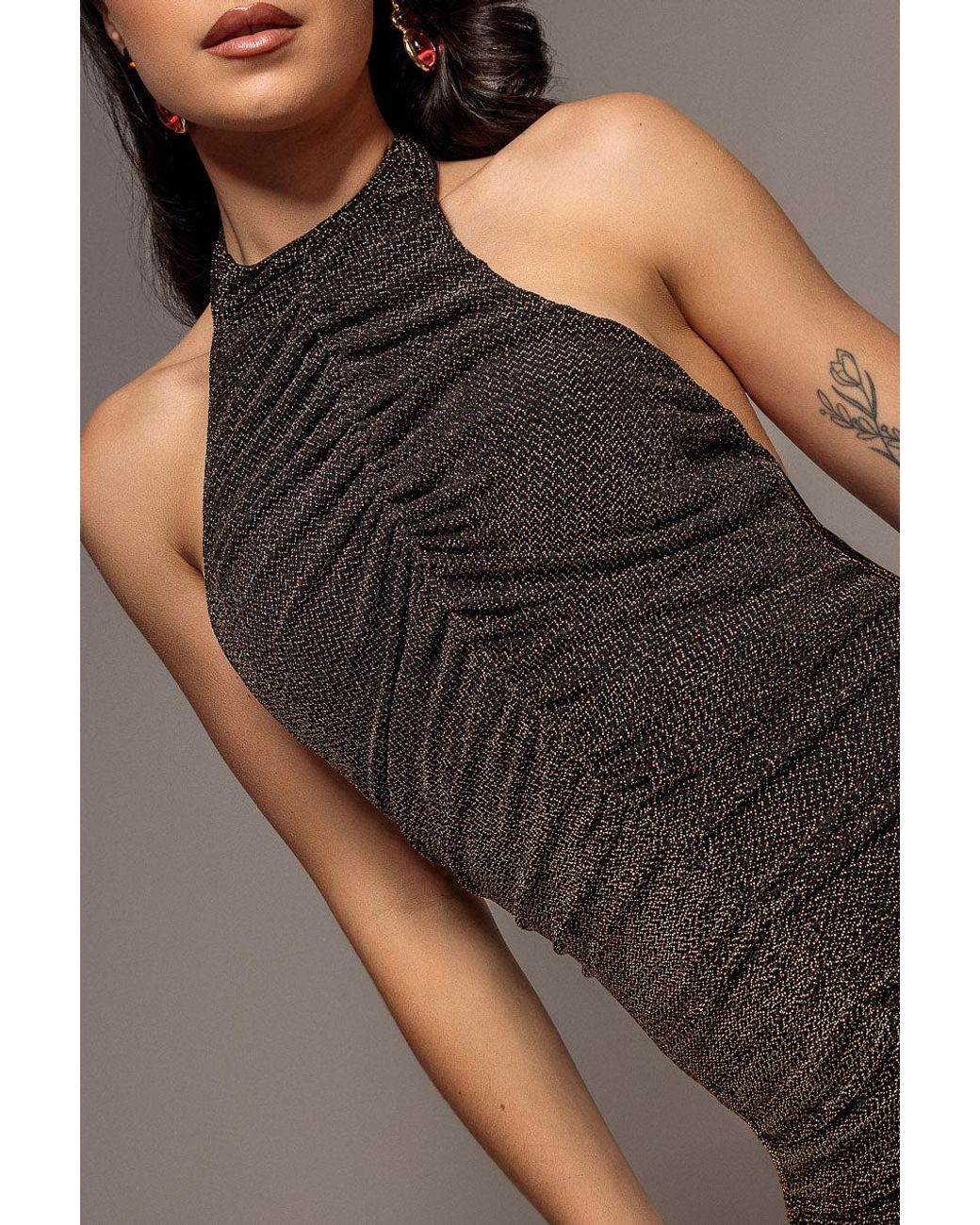 Goddiva Brown Halter Neck Front Gathered Backless Glitter Maxi Dress