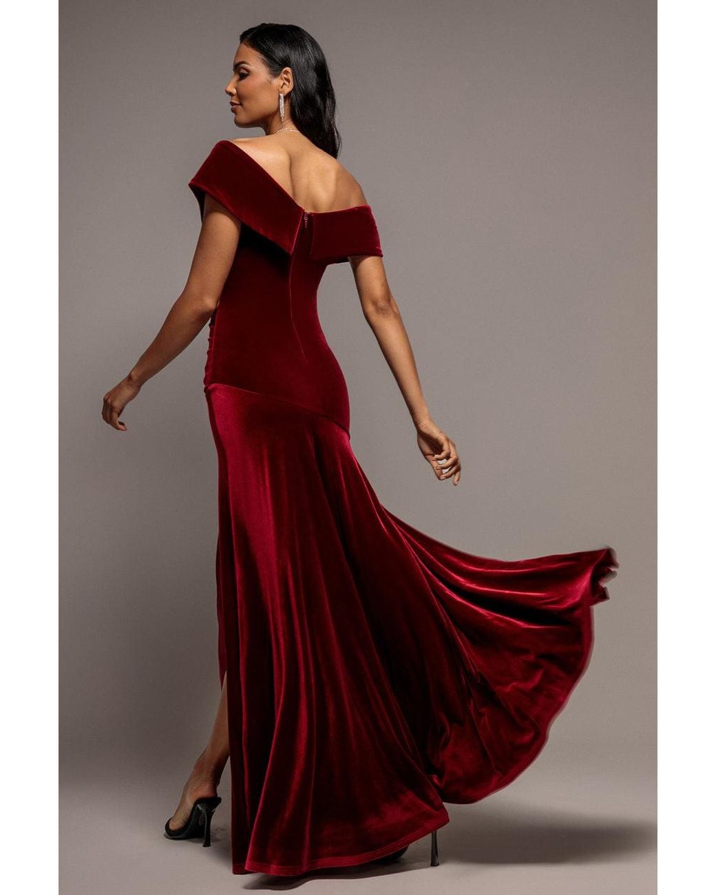 Goddiva Red Velvet Off Shoulder Pleated A Line Maxi Dress