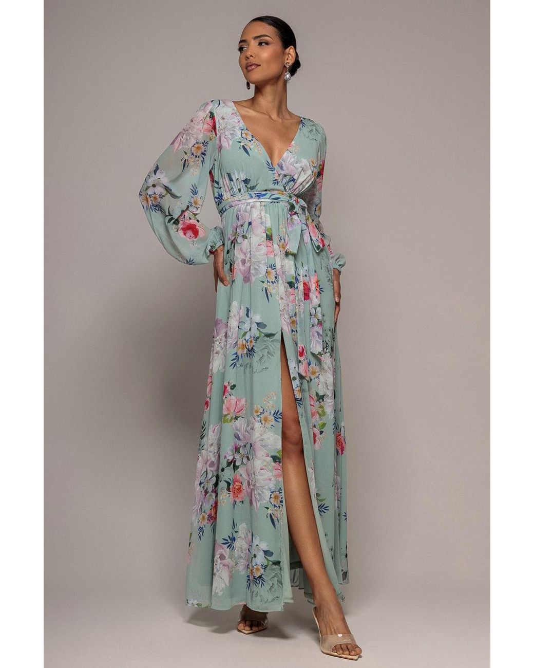 Goddiva Gray Wrap Front Slit Floral Maxi Dress