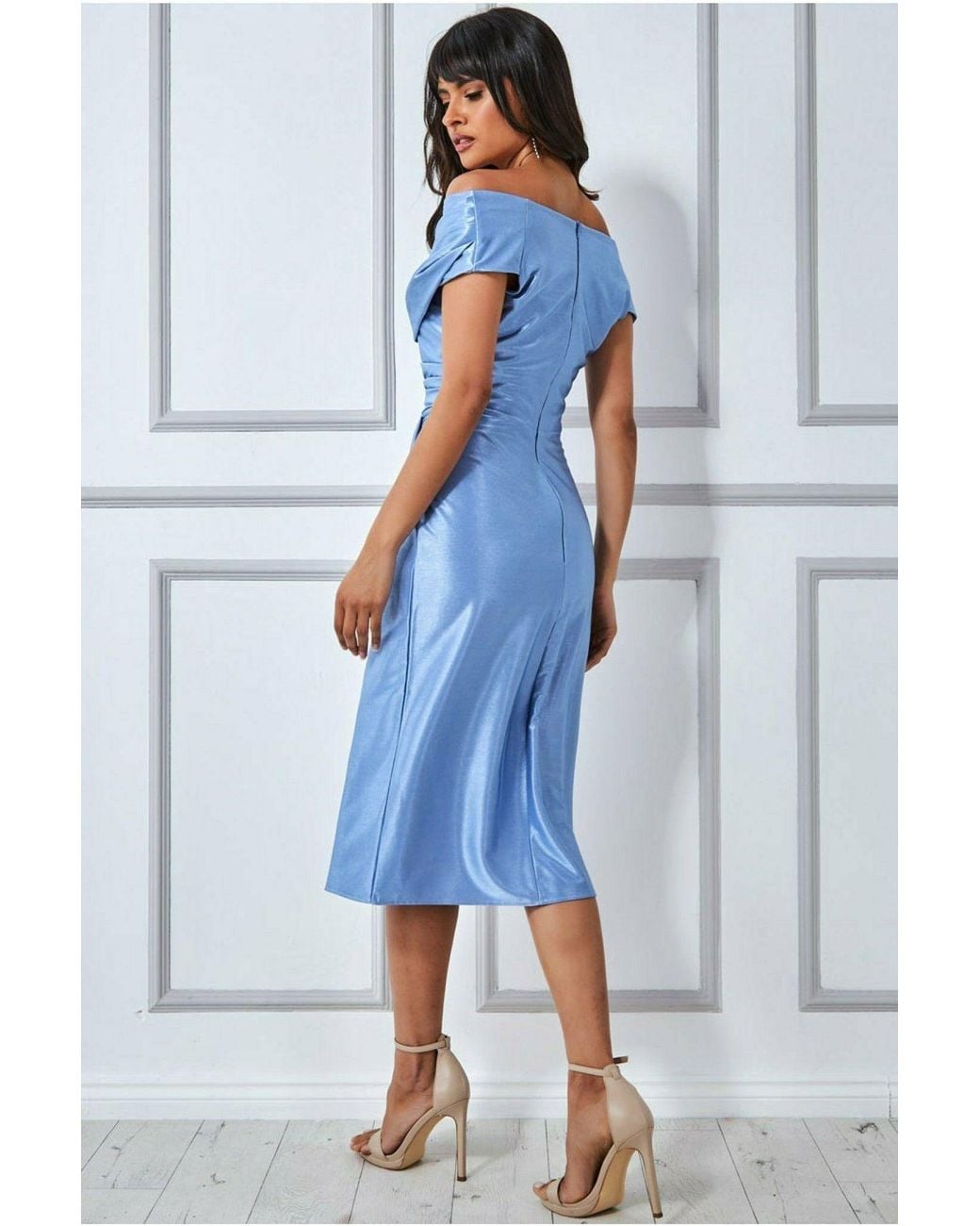 Goddiva Blue Cowl Neck Bardot Satin Midi Front Split