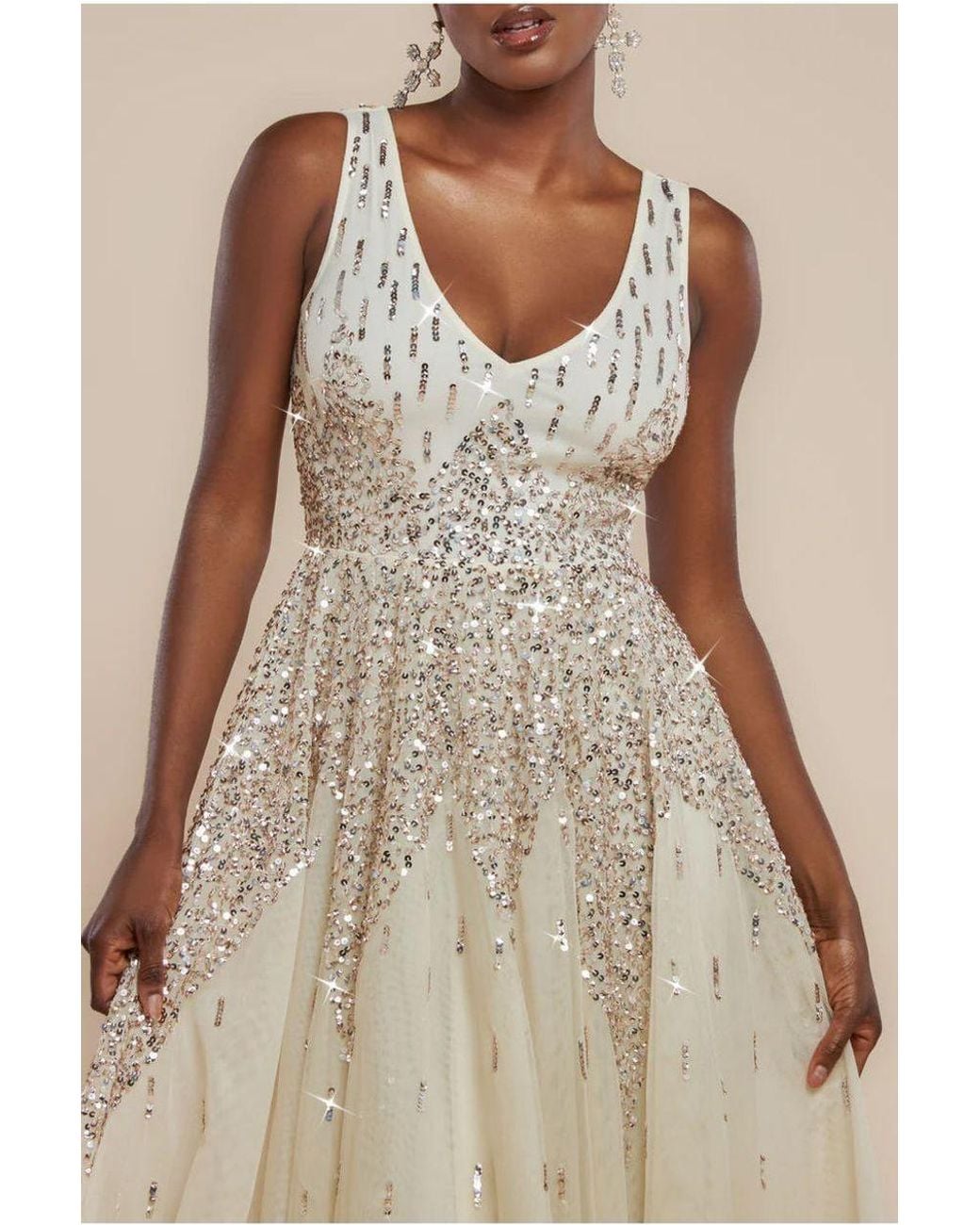 Goddiva Natural Sunray Hand Embellished Sequin A-Line Sleeveless Maxi Dress