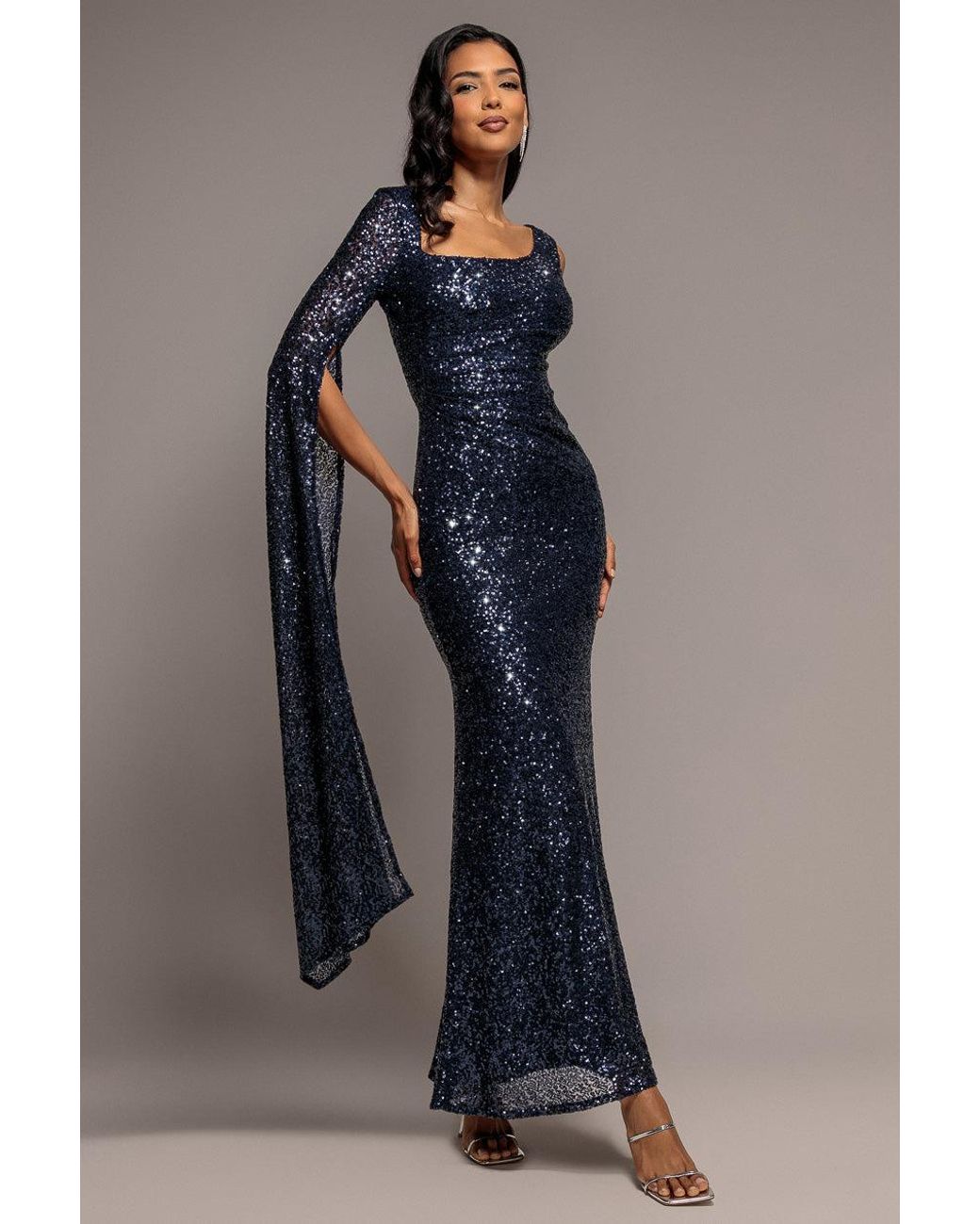 Goddiva Blue One Side Cape Sleeve Sequin Maxi Dress