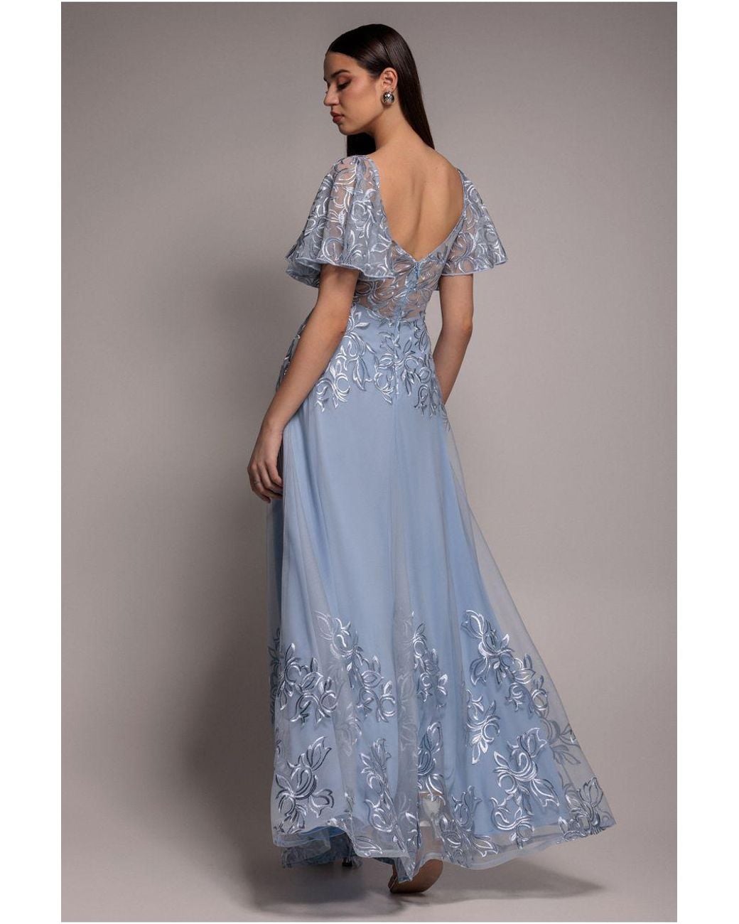 Goddiva Blue Lace Flutter Sleeve Embroidered Mesh A Line Maxi Dress